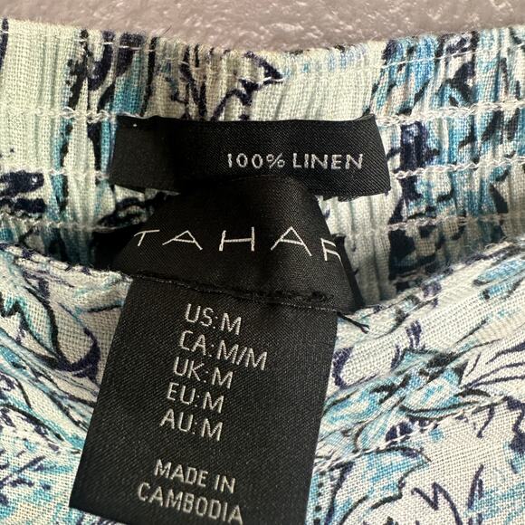 Tahari Size Medium Linen Floral Wide Leg Crop Pants Beach Tropical Blue White - Picture 3 of 6